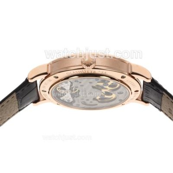 A.Lange & Sohne Classic Manual Winding Rose Gold Case with Black Dial-Leather Strap