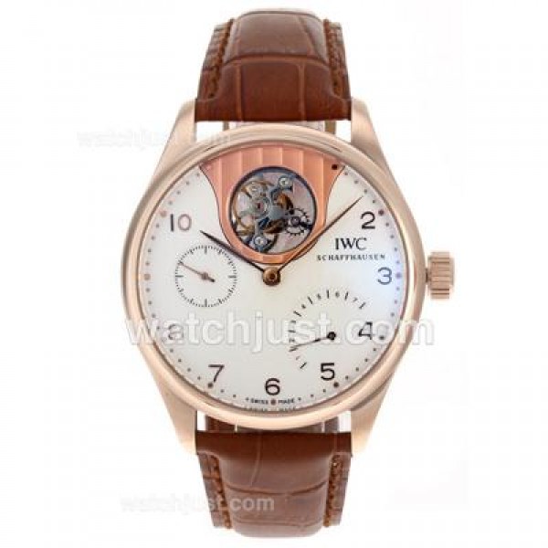 UK Perfect Replica IWC Portuguese F.A Jones Working Tourbillon Power Reserve Manual Winding Rose Gold Case with White Dial