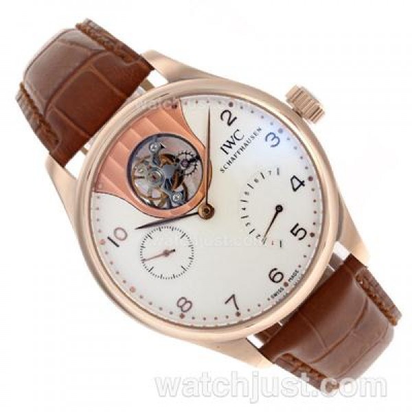 UK Perfect Replica IWC Portuguese F.A Jones Working Tourbillon Power Reserve Manual Winding Rose Gold Case with White Dial