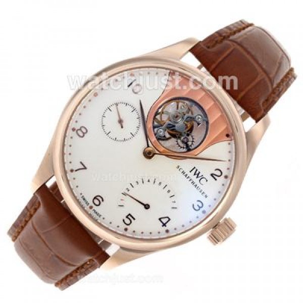 UK Perfect Replica IWC Portuguese F.A Jones Working Tourbillon Power Reserve Manual Winding Rose Gold Case with White Dial