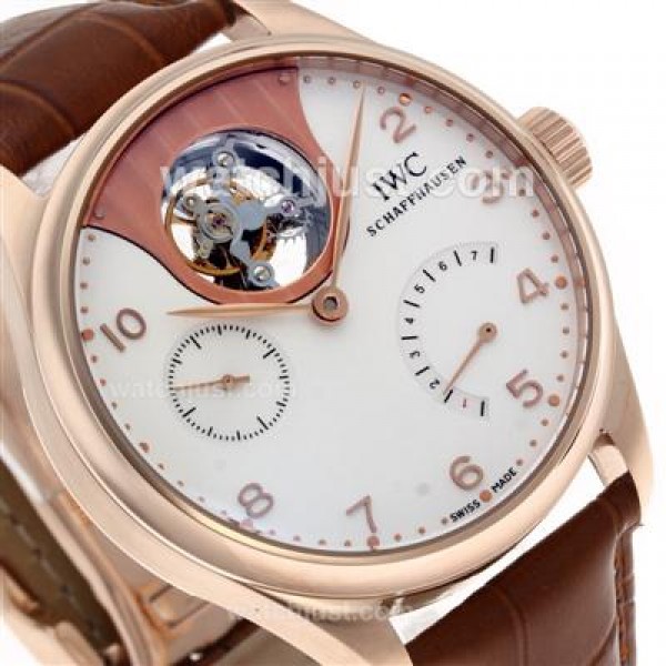 UK Perfect Replica IWC Portuguese F.A Jones Working Tourbillon Power Reserve Manual Winding Rose Gold Case with White Dial
