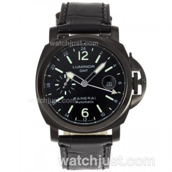 Panerai Luminor GMT Automatic PVD Case with Black Dial-Leather Strap