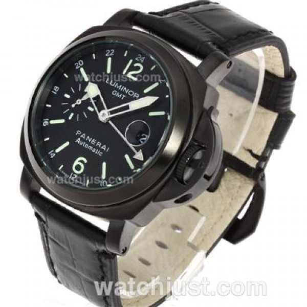 Panerai Luminor GMT Automatic PVD Case with Black Dial-Leather Strap