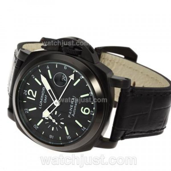 Panerai Luminor GMT Automatic PVD Case with Black Dial-Leather Strap