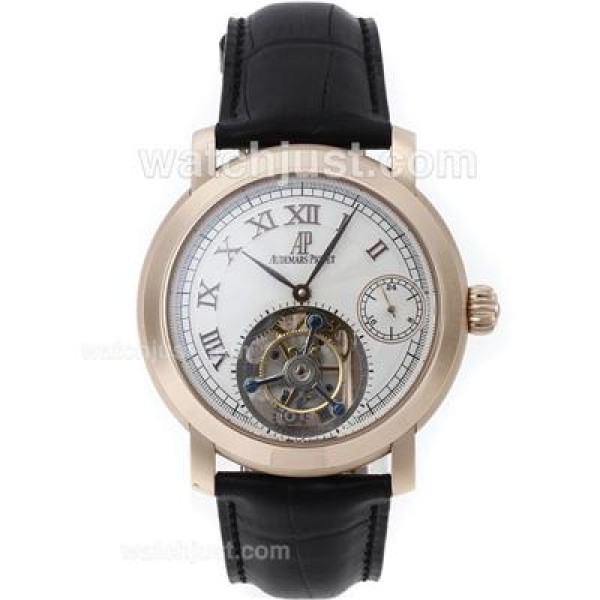 UK Swiss Movement Replica Audemars Piguet Royal Oak Working Tourbillon Manual Winding Rose Gold Case with White Dial-Leather Strap