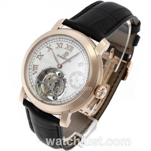 UK Swiss Movement Replica Audemars Piguet Royal Oak Working Tourbillon Manual Winding Rose Gold Case with White Dial-Leather Strap