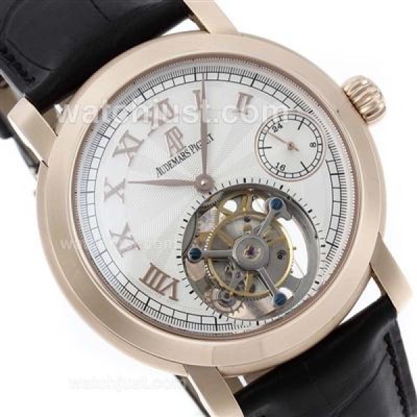 UK Swiss Movement Replica Audemars Piguet Royal Oak Working Tourbillon Manual Winding Rose Gold Case with White Dial-Leather Strap