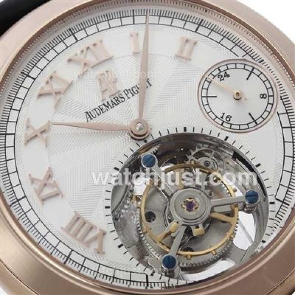 UK Swiss Movement Replica Audemars Piguet Royal Oak Working Tourbillon Manual Winding Rose Gold Case with White Dial-Leather Strap