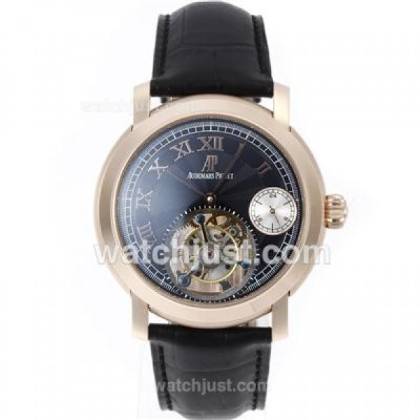 UK Top Quality Replica Audemars Piguet Royal Oak Working Tourbillon Manual Winding Rose Gold Case with Black Dial-Leather Strap