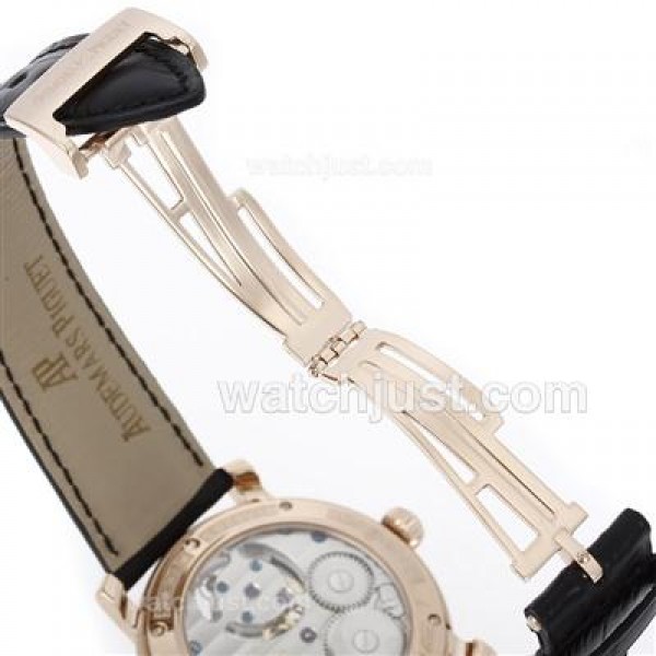 UK Top Quality Replica Audemars Piguet Royal Oak Working Tourbillon Manual Winding Rose Gold Case with Black Dial-Leather Strap