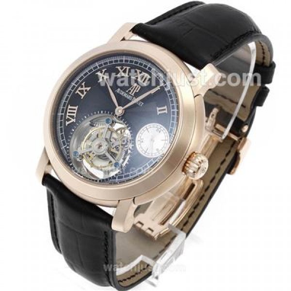 UK Top Quality Replica Audemars Piguet Royal Oak Working Tourbillon Manual Winding Rose Gold Case with Black Dial-Leather Strap