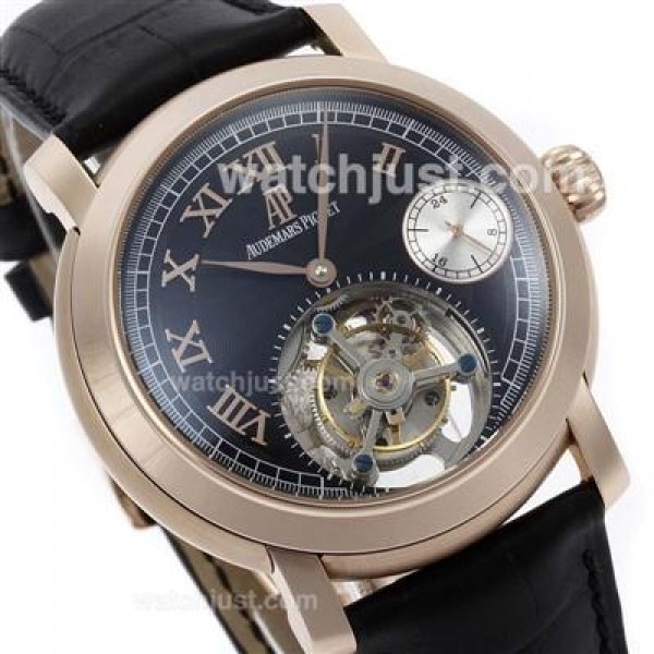 UK Top Quality Replica Audemars Piguet Royal Oak Working Tourbillon Manual Winding Rose Gold Case with Black Dial-Leather Strap