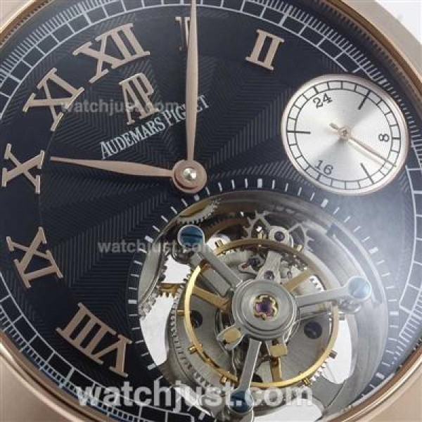 UK Top Quality Replica Audemars Piguet Royal Oak Working Tourbillon Manual Winding Rose Gold Case with Black Dial-Leather Strap