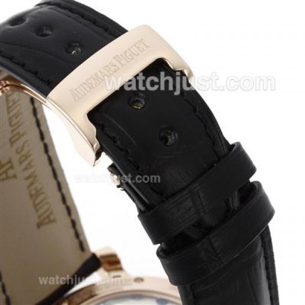 UK Top Quality Replica Audemars Piguet Royal Oak Working Tourbillon Manual Winding Rose Gold Case with Black Dial-Leather Strap