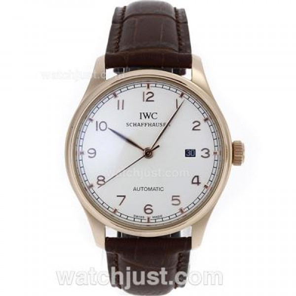 IWC Portuguese Automatic Rose Gold Case Number Markers with White Dial-Leather Strap