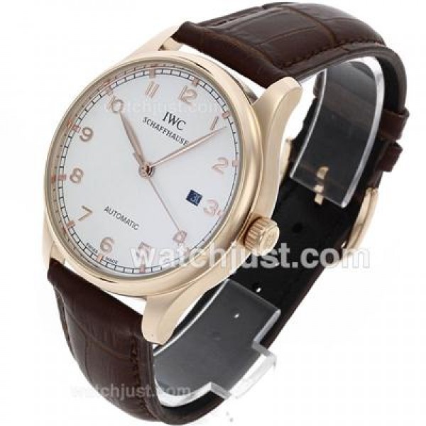 IWC Portuguese Automatic Rose Gold Case Number Markers with White Dial-Leather Strap