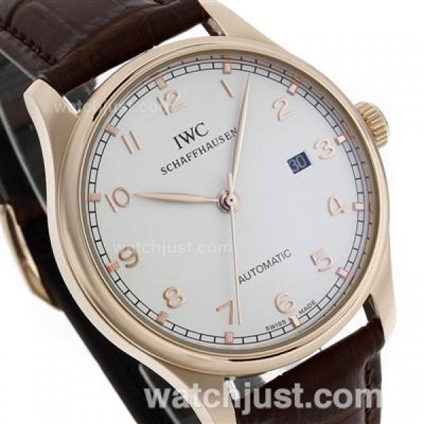 IWC Portuguese Automatic Rose Gold Case Number Markers with White Dial-Leather Strap