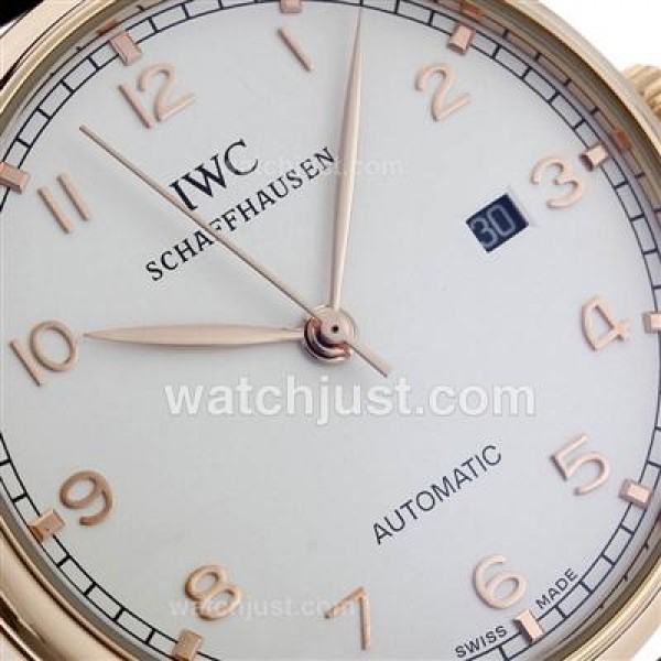 IWC Portuguese Automatic Rose Gold Case Number Markers with White Dial-Leather Strap