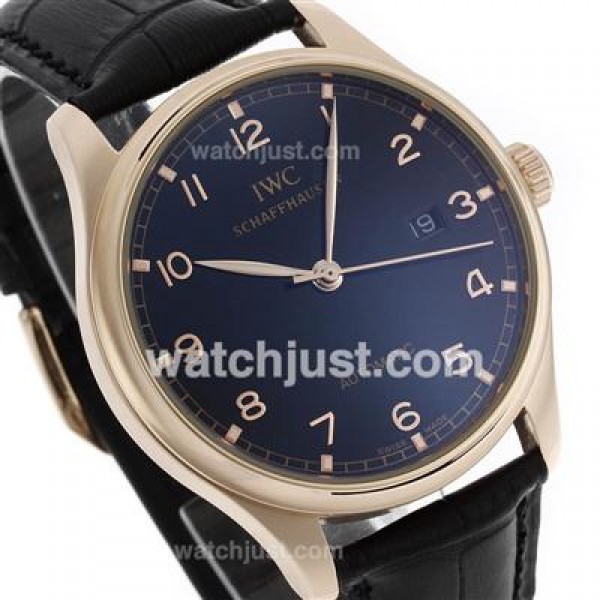 IWC Portuguese Automatic Rose Gold Case Number Markers with Black Dial-Leather Strap