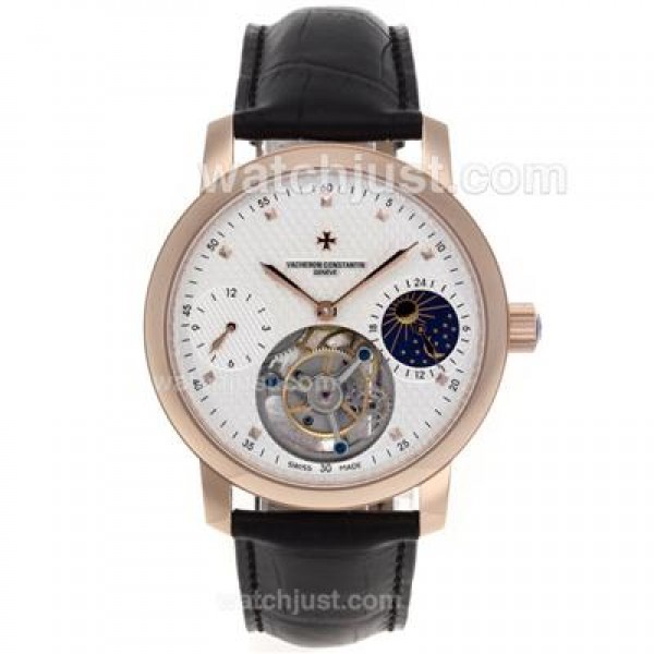 UK Swiss Made Replica Vacheron Constantin Working Tourbillon Manual Winding Rose Gold Case with White Dial-Leather Strap