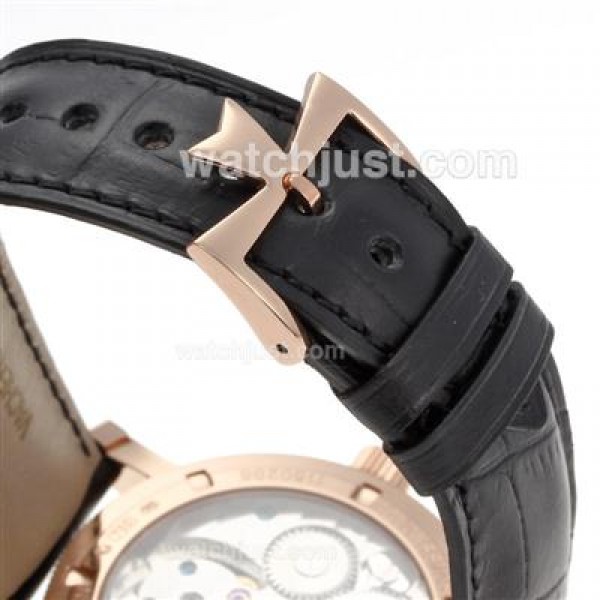 UK Swiss Made Replica Vacheron Constantin Working Tourbillon Manual Winding Rose Gold Case with White Dial-Leather Strap