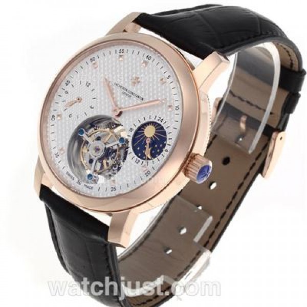 UK Swiss Made Replica Vacheron Constantin Working Tourbillon Manual Winding Rose Gold Case with White Dial-Leather Strap
