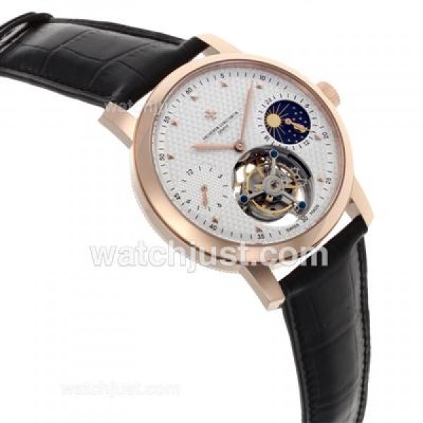 UK Swiss Made Replica Vacheron Constantin Working Tourbillon Manual Winding Rose Gold Case with White Dial-Leather Strap