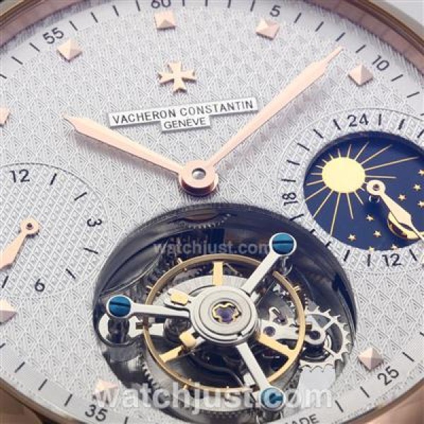 UK Swiss Made Replica Vacheron Constantin Working Tourbillon Manual Winding Rose Gold Case with White Dial-Leather Strap