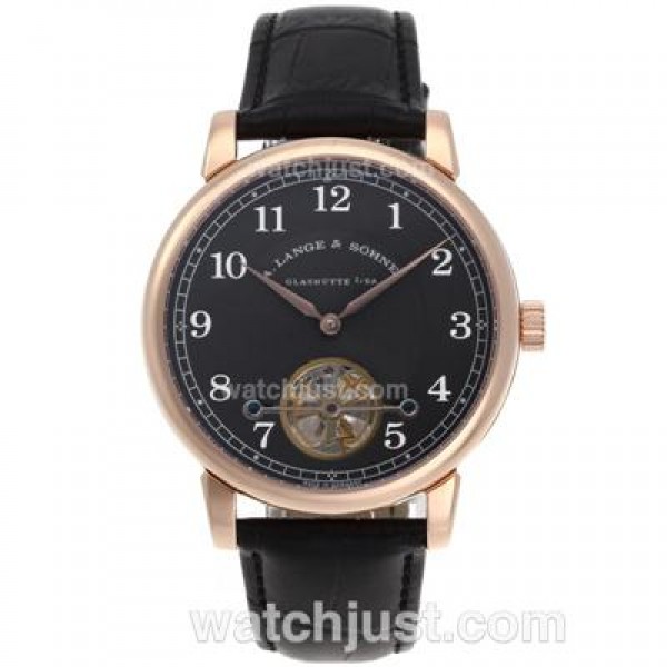 A.Lange & Sohne Classic Tourbillon Manual Winding Rose Gold Case with Black Dial-Leather Strap