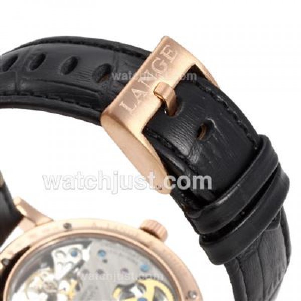 A.Lange & Sohne Classic Tourbillon Manual Winding Rose Gold Case with Black Dial-Leather Strap