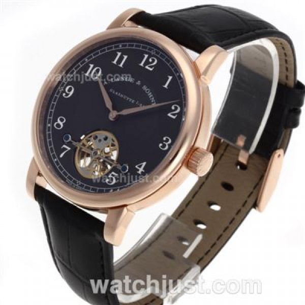 A.Lange & Sohne Classic Tourbillon Manual Winding Rose Gold Case with Black Dial-Leather Strap