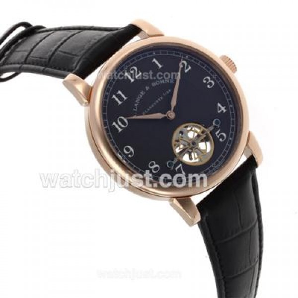 A.Lange & Sohne Classic Tourbillon Manual Winding Rose Gold Case with Black Dial-Leather Strap
