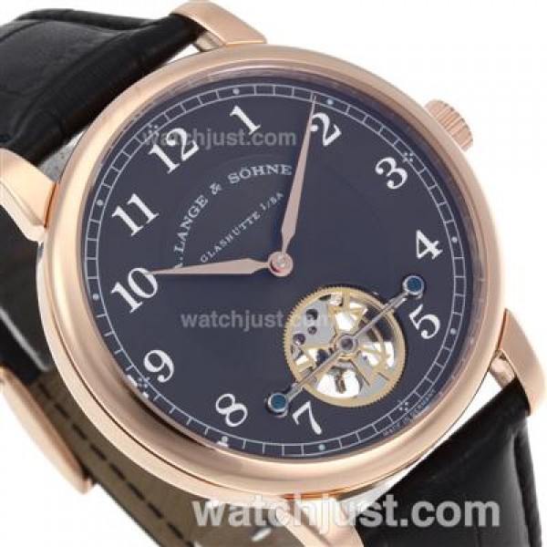 A.Lange & Sohne Classic Tourbillon Manual Winding Rose Gold Case with Black Dial-Leather Strap