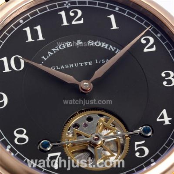 A.Lange & Sohne Classic Tourbillon Manual Winding Rose Gold Case with Black Dial-Leather Strap