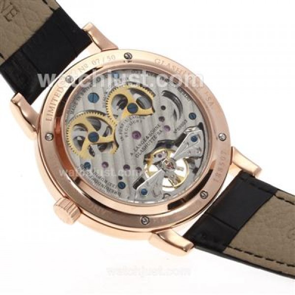 A.Lange & Sohne Classic Tourbillon Manual Winding Rose Gold Case with Black Dial-Leather Strap