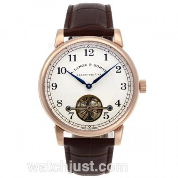 A.Lange & Sohne Classic Tourbillon Manual Winding Rose Gold Case with White Dial-Leather Strap