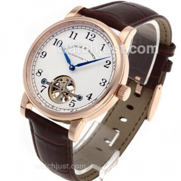 A.Lange & Sohne Classic Tourbillon Manual Winding Rose Gold Case with White Dial-Leather Strap
