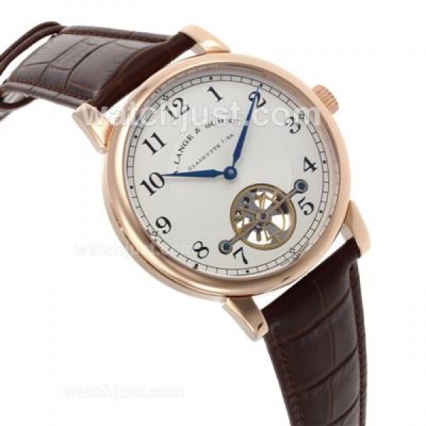 A.Lange & Sohne Classic Tourbillon Manual Winding Rose Gold Case with White Dial-Leather Strap