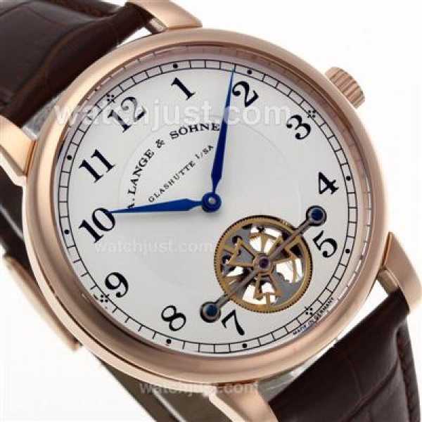 A.Lange & Sohne Classic Tourbillon Manual Winding Rose Gold Case with White Dial-Leather Strap