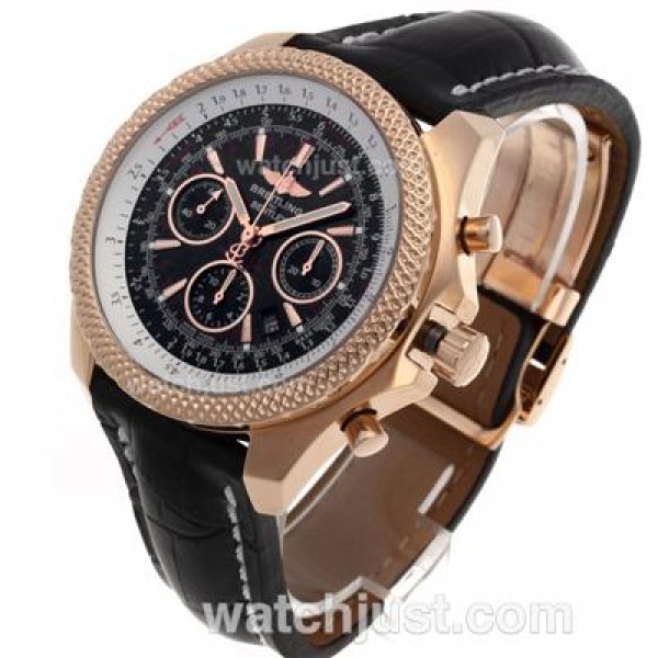 Breitling for Bentley Chronograph Swiss Valjoux 7750 Movement Rose Gold Case with Black Dial-Leather Strap
