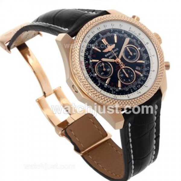 Breitling for Bentley Chronograph Swiss Valjoux 7750 Movement Rose Gold Case with Black Dial-Leather Strap