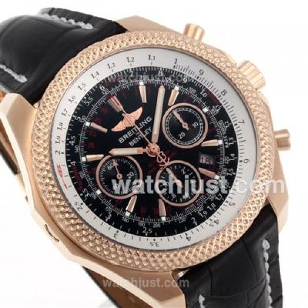 Breitling for Bentley Chronograph Swiss Valjoux 7750 Movement Rose Gold Case with Black Dial-Leather Strap