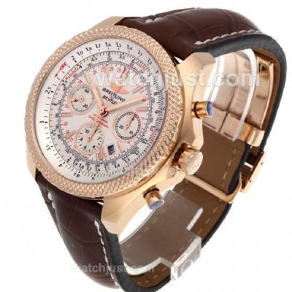 Breitling for Bentley Chronograph Swiss Valjoux 7750 Movement Rose Gold Case with White Dial-Leather Strap