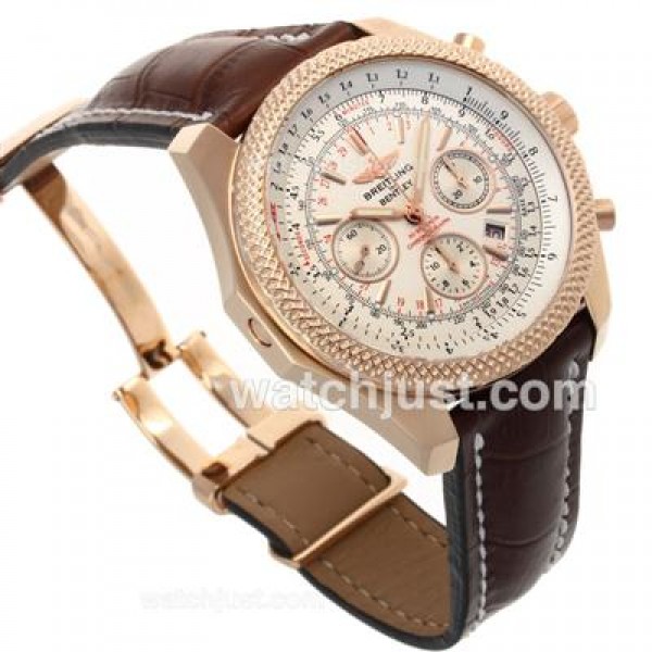 Breitling for Bentley Chronograph Swiss Valjoux 7750 Movement Rose Gold Case with White Dial-Leather Strap