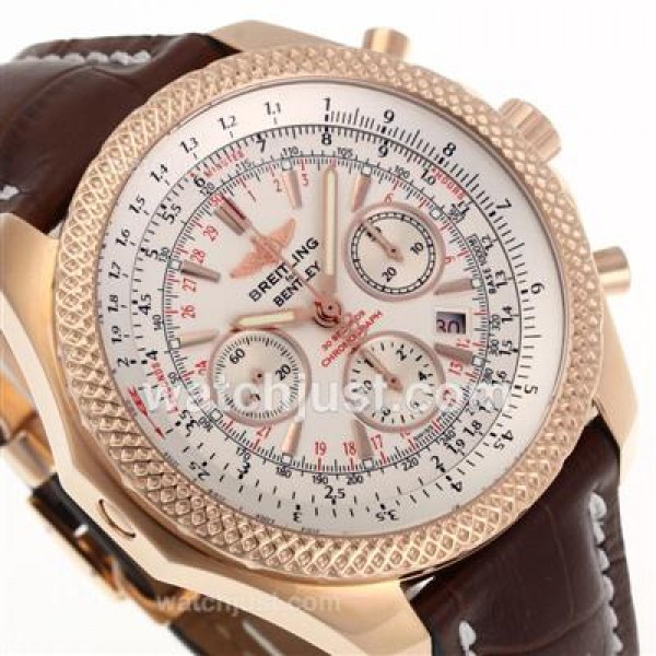 Breitling for Bentley Chronograph Swiss Valjoux 7750 Movement Rose Gold Case with White Dial-Leather Strap