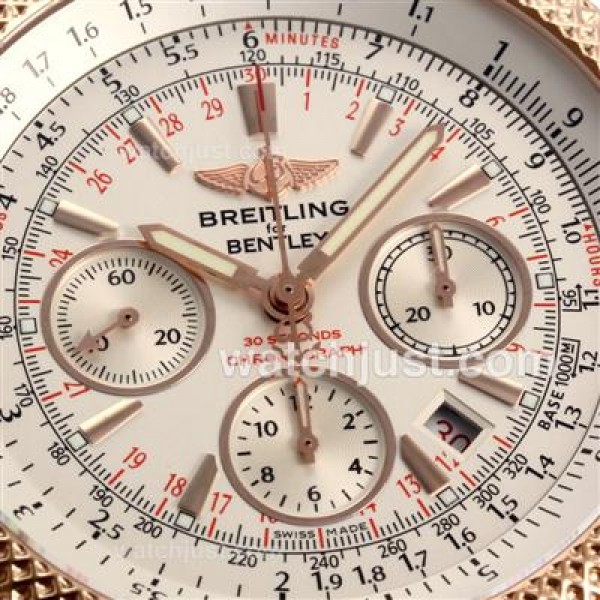 Breitling for Bentley Chronograph Swiss Valjoux 7750 Movement Rose Gold Case with White Dial-Leather Strap