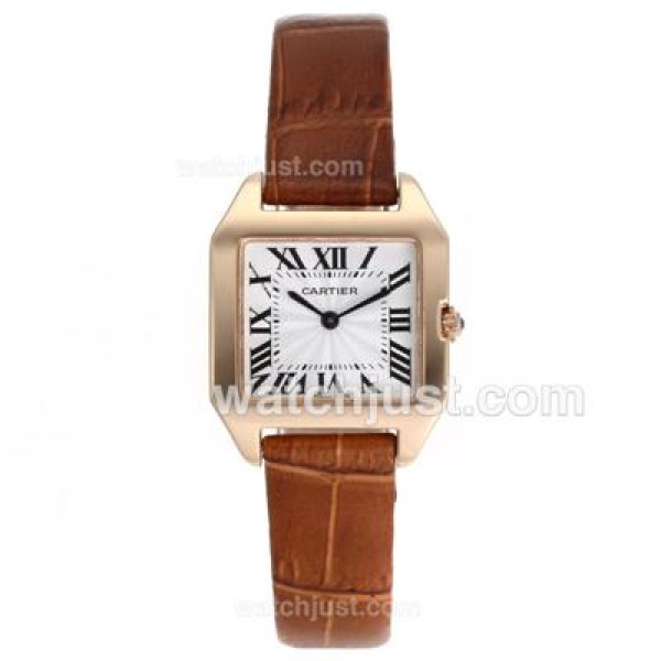 Cartier Santos 100 Rose Gold Case with White Dial-Leather Strap