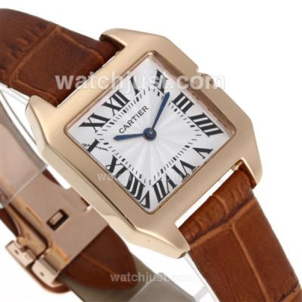 Cartier Santos 100 Rose Gold Case with White Dial-Leather Strap