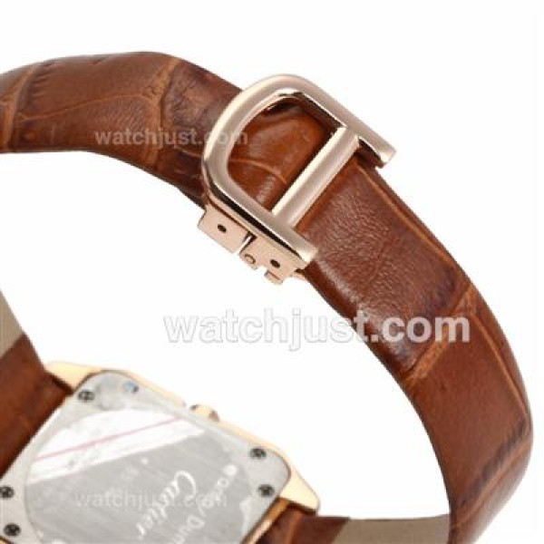 Cartier Santos 100 Rose Gold Case with White Dial-Leather Strap