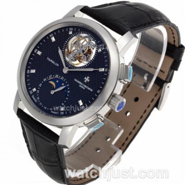 UK Perfect Replica Vacheron Constantin Working Tourbillon Manual Winding with Black Dial-Leather Strap Watches